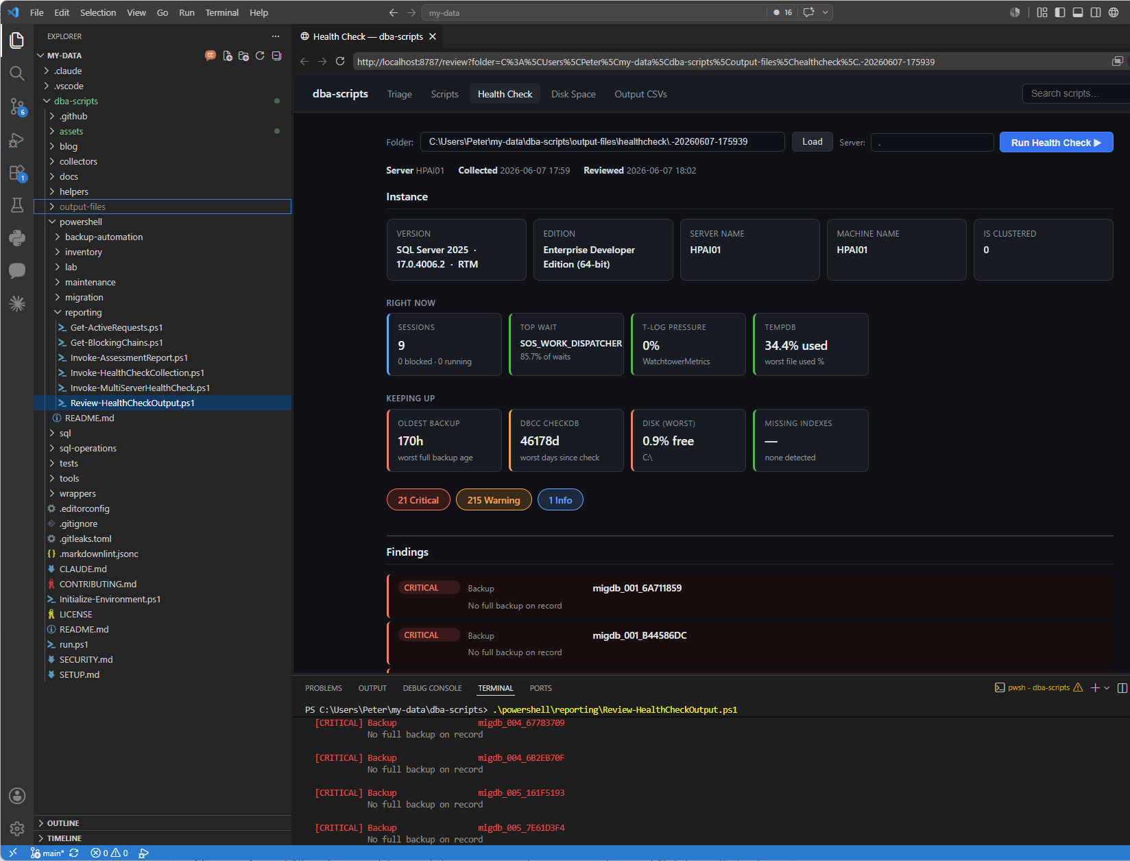 Web UI running in VS Code terminal alongside the browser