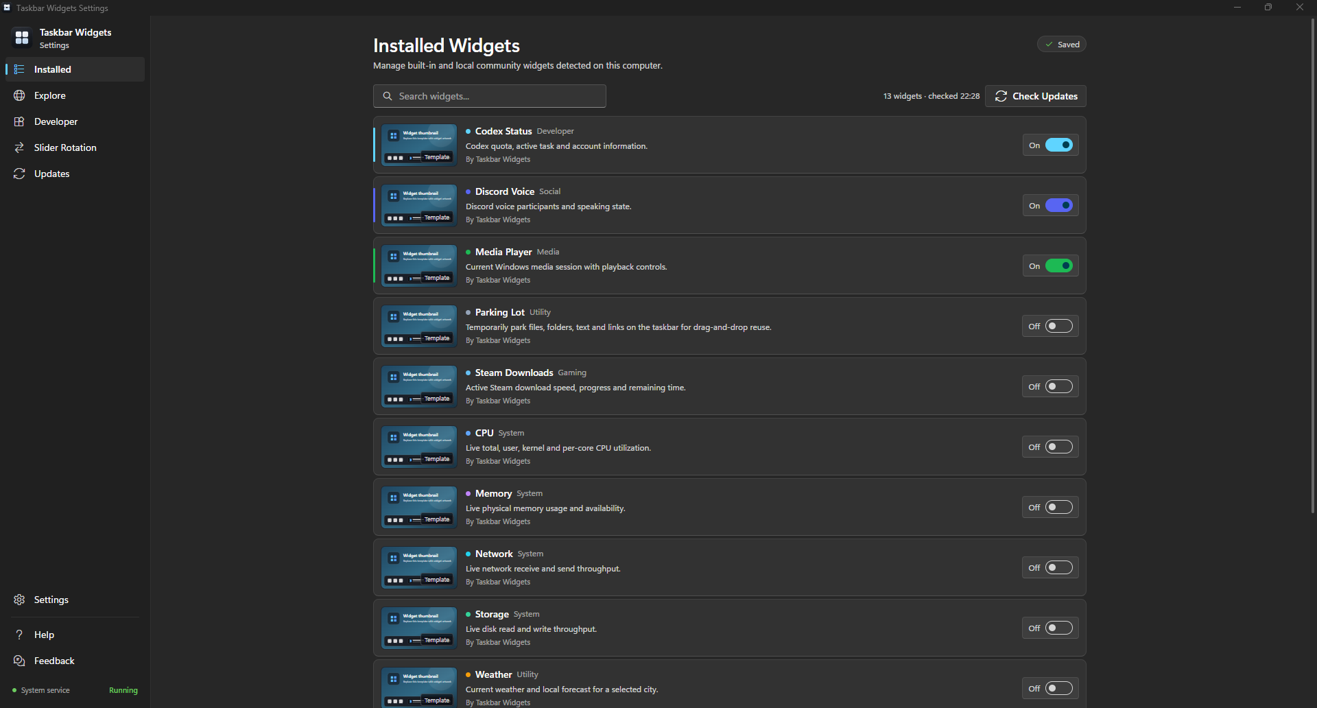 Taskbar Widgets Settings showing the Widget Library