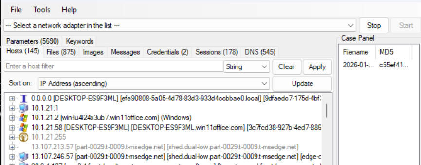 NetworkMiner Hosts 标签页