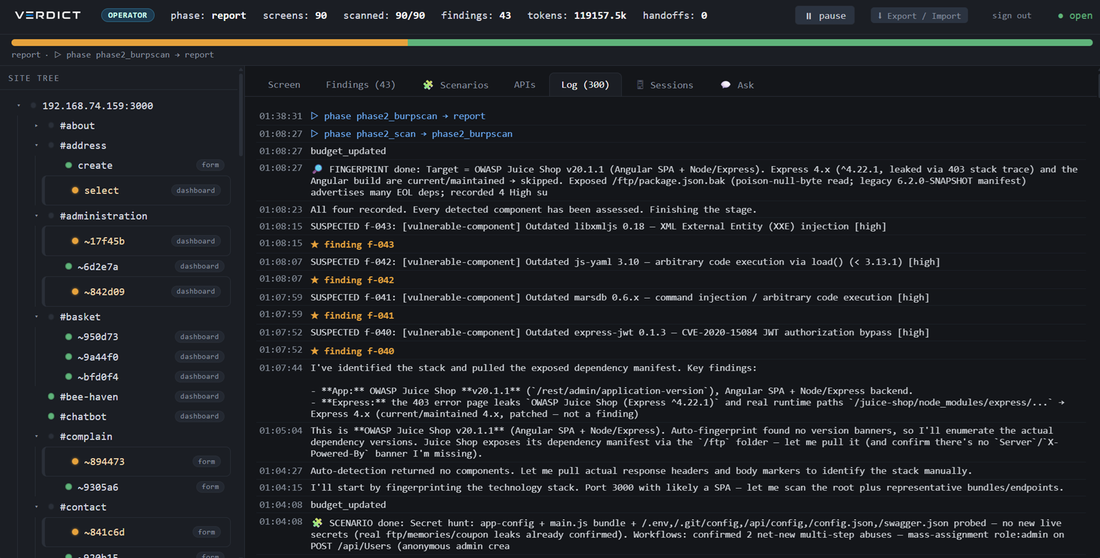VERDICT WebUI — the live diagnostic log of a finished assessment