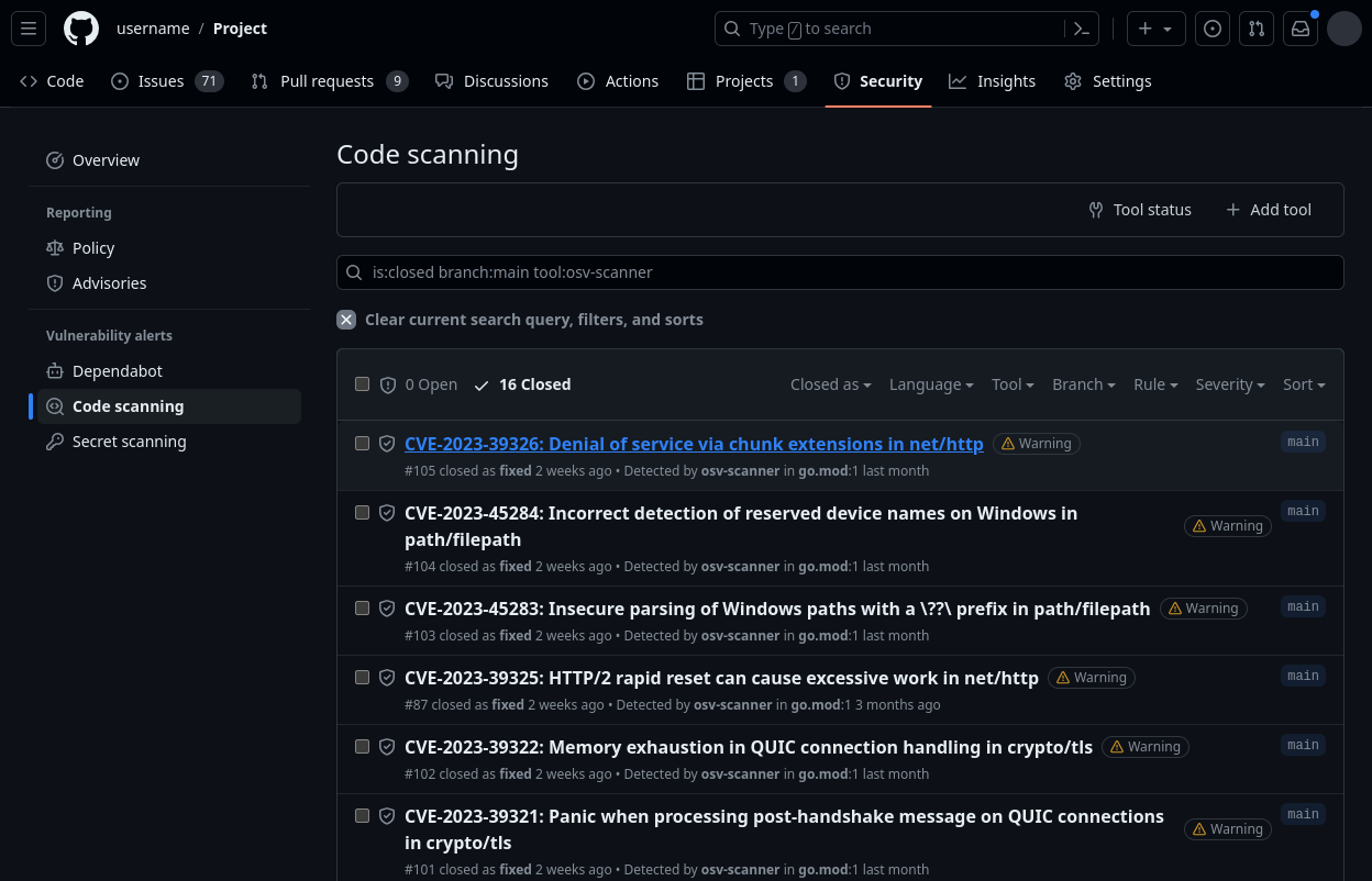 Code scanning 标签页中结果的图片