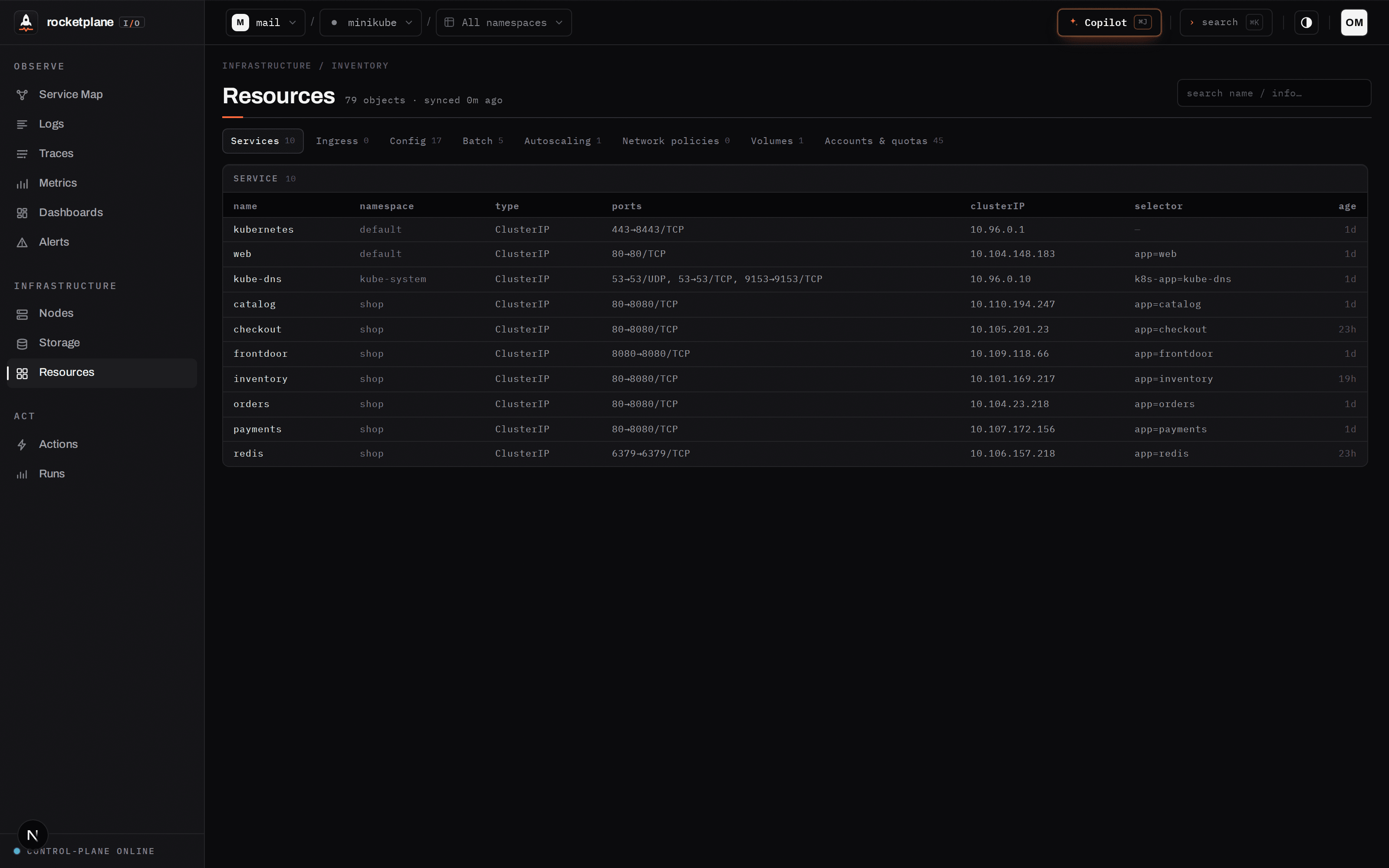 Full Kubernetes inventory, tabbed by resource kind