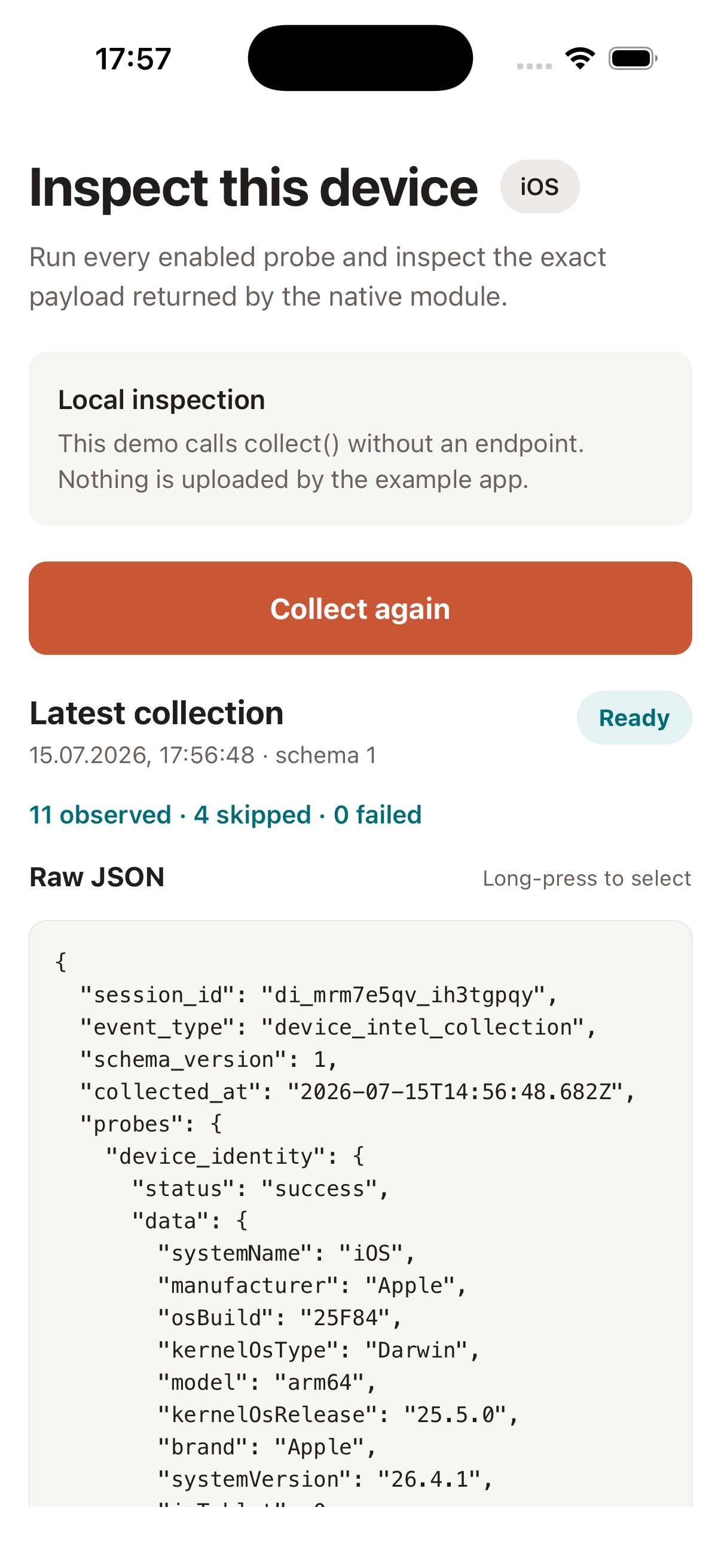 Signal Bench showing probe counts and the raw JSON event