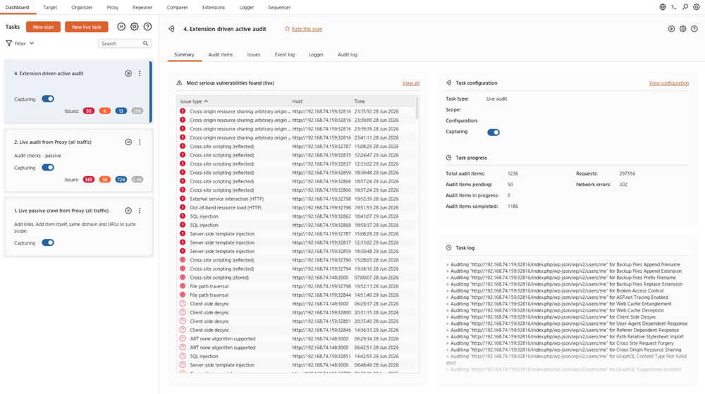 Authenticated Burp active scan driven by VERDICT — net-new issues merged and AI re-verified