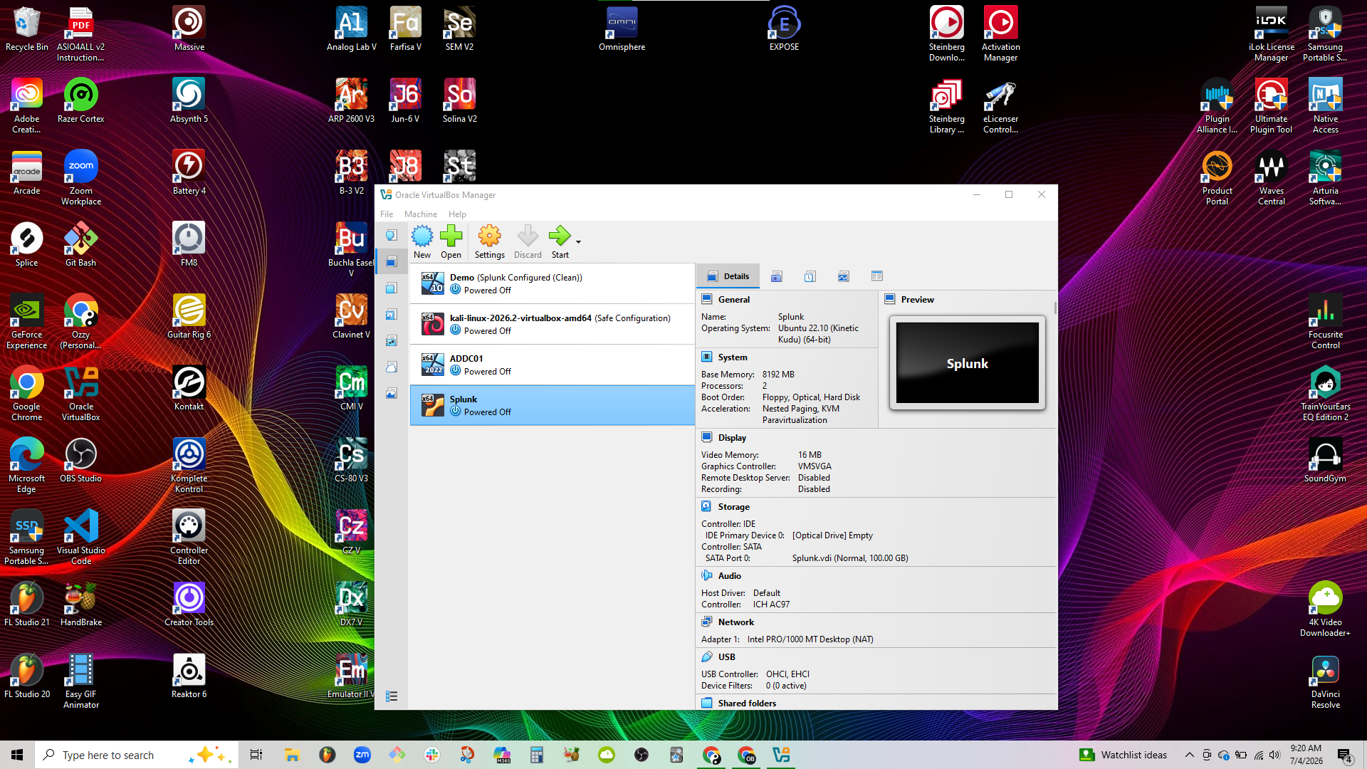 1  VirtualBox environment containing all required virtual machines; Windows Server 2022, Windows 10, Ubuntu Server (Splunk), and Kali Linux