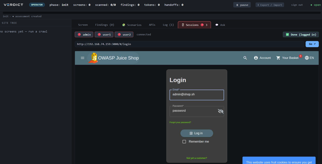 WebUI Sessions tab — three role tabs awaiting login, a URL bar, and a live screencast of the target login page with a 'Done (logged in)' button
