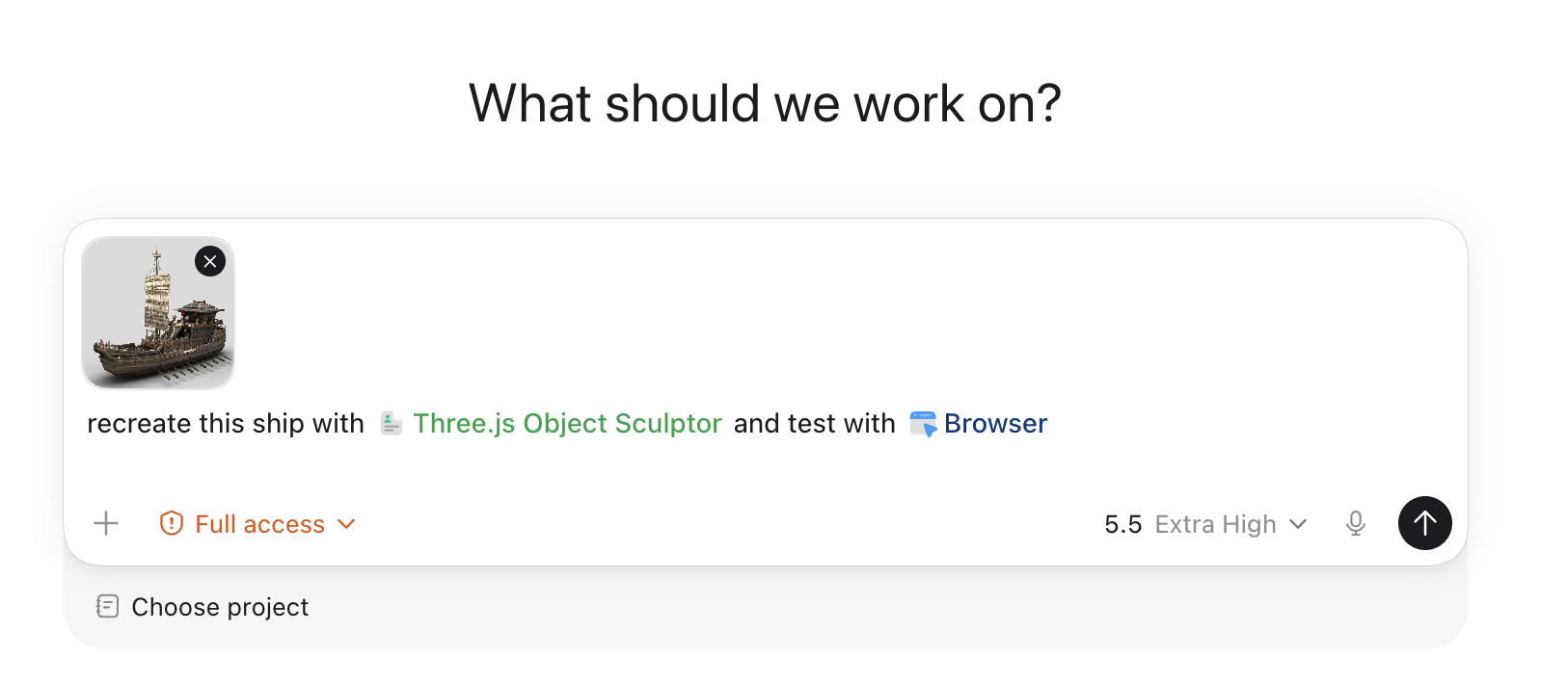使用附件物体图片配合 Three.js Object Sculptor 和浏览器的 Codex 提示示例