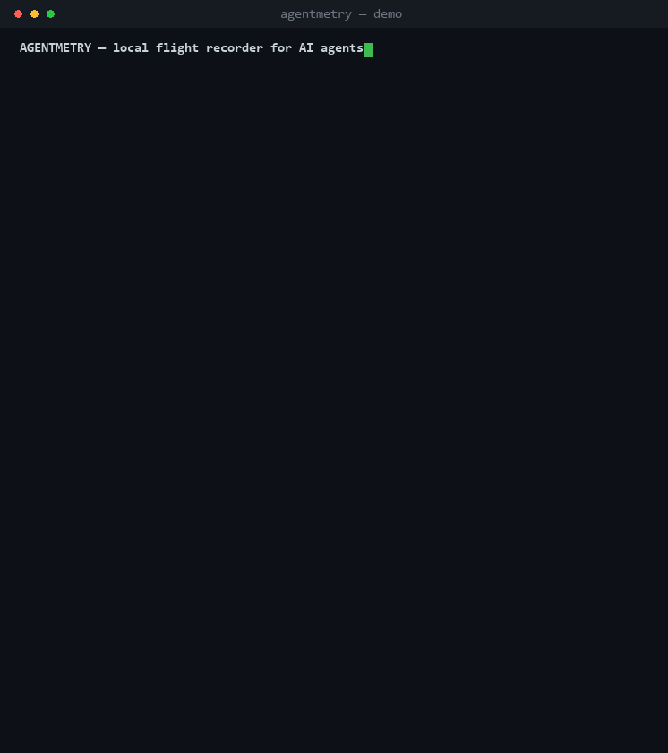 Terminal replay: an agent reads an SSH private key and an AWS key, then fetches a URL; Agentmetry tags each call with MITRE ATT&CK, flags the AWS key with DLP without storing it, and fires a CRITICAL credential-exfil detection.