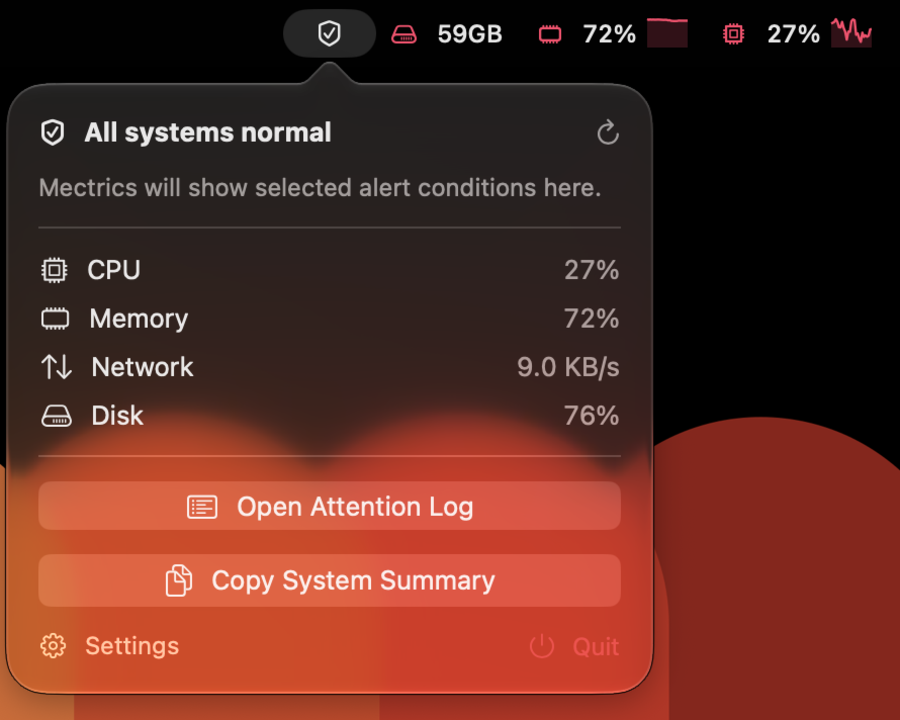 The Compact Health popover reading All systems normal, with CPU, Memory, Network and Disk summarized in one list