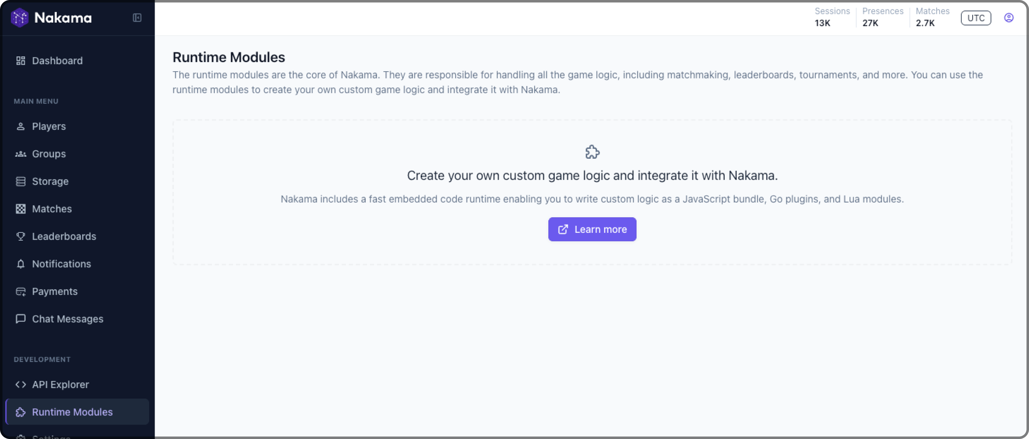 Nakama Console modules view
