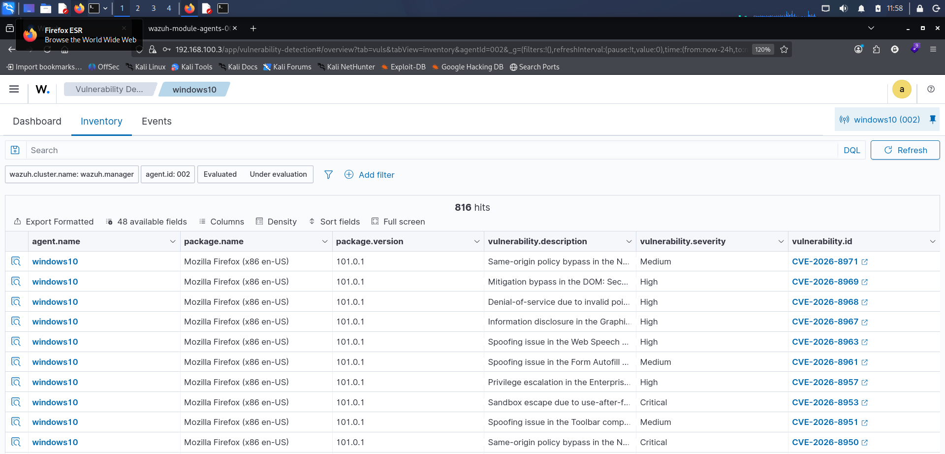 Wazuh vulnerability inventory showing Firefox CVEs