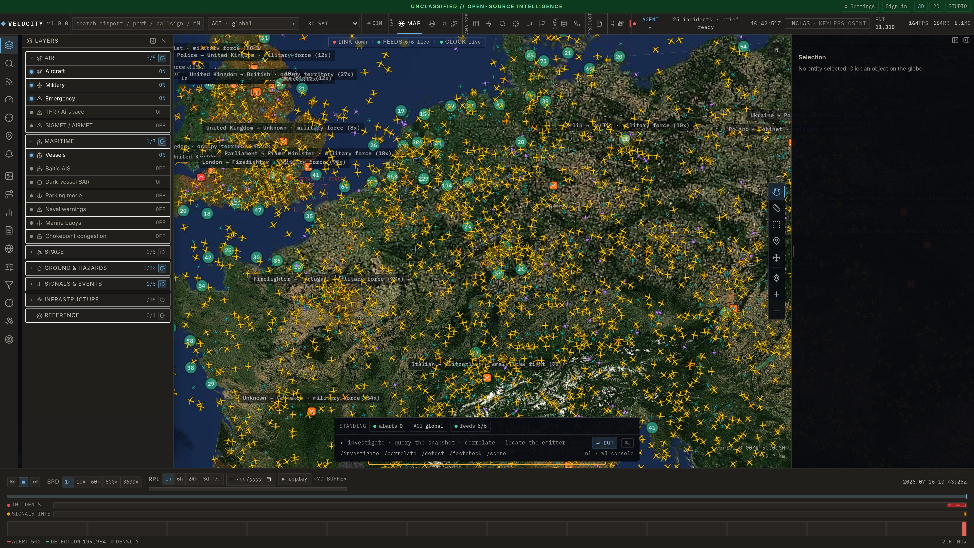 Velocity: one 3D globe fusing live aircraft, vessels and incidents worldwide