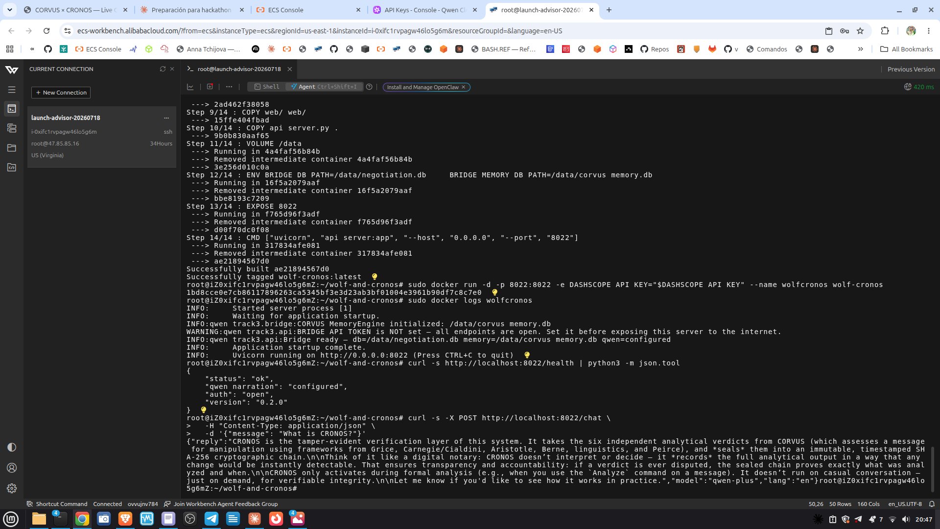 Alibaba Cloud ECS 工作台 — docker build 并运行;/health 返回 qwen_narration configured;POST /chat 返回解释 CRONOS 的实时 qwen-plus 回复