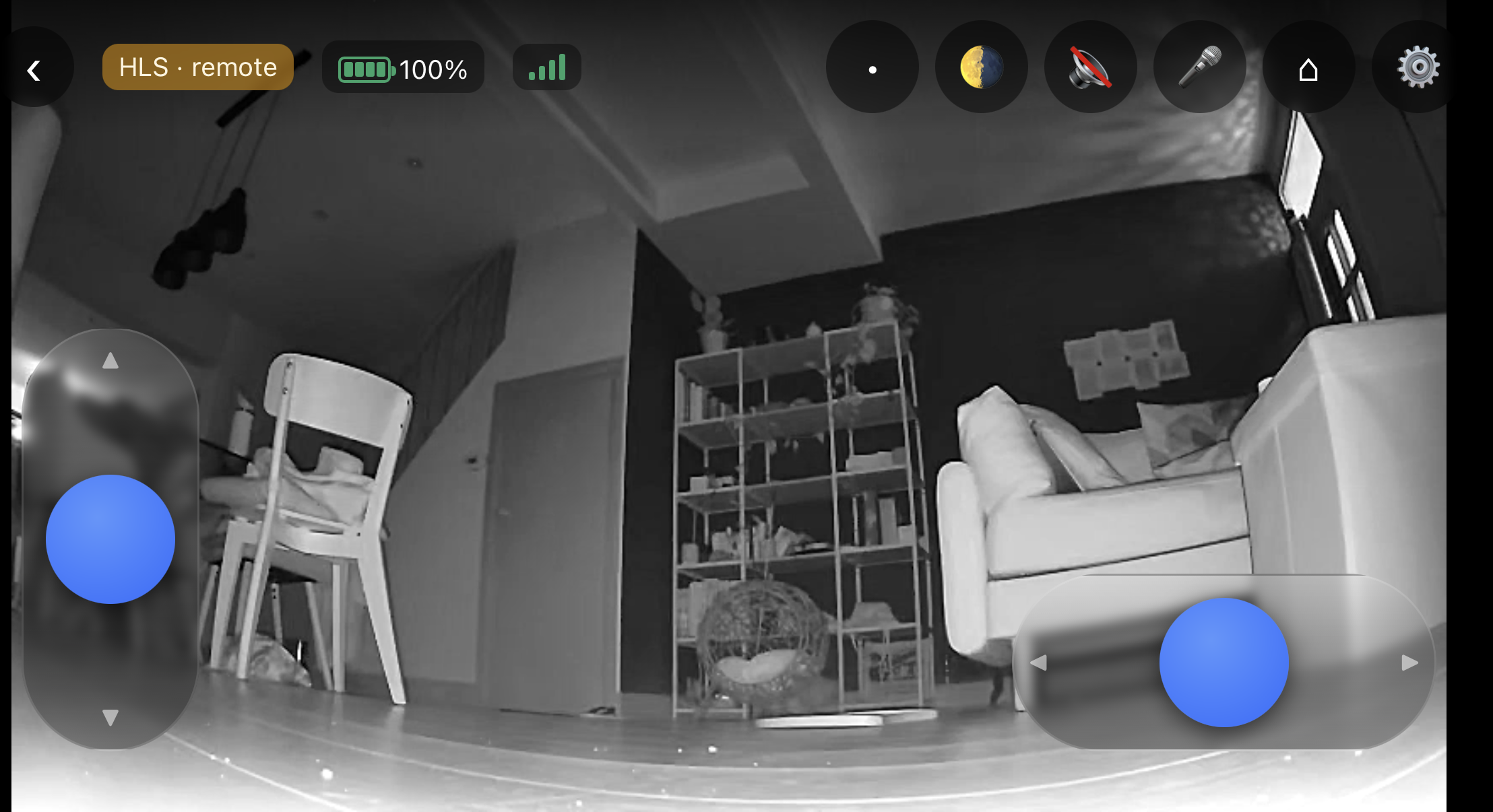 Driving the robot from Home Assistant: dual-stick control over a live video feed, with battery, signal, laser, night vision, listen and talk buttons