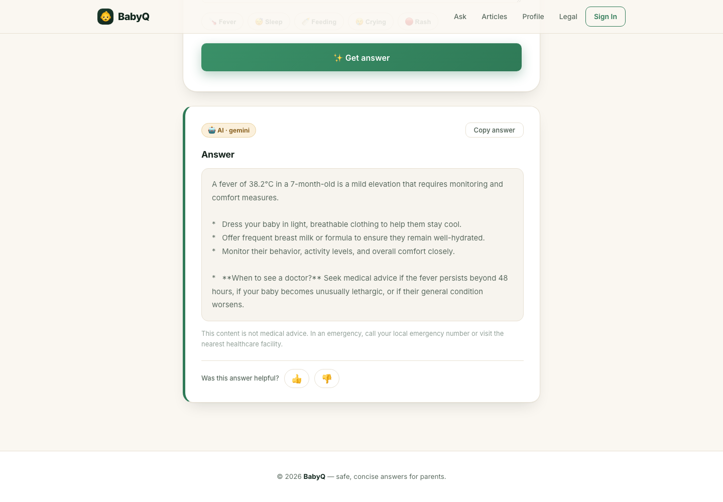 BabyQ Ask flow with an AI-generated answer