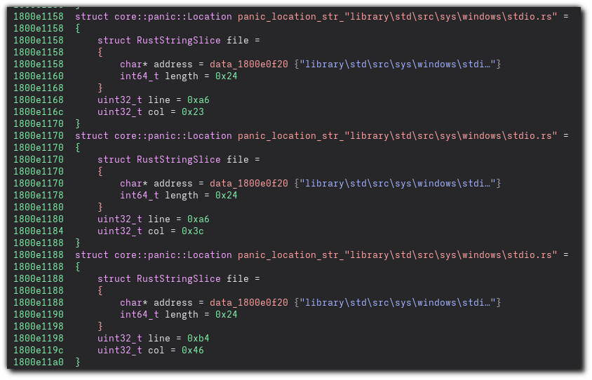几个 Rust "core::panic::Location" 结构体的截图,它们的源文件路径均为 "library\std\src\sys\windows\stdio.rs",并且每个都包含行号和列号。