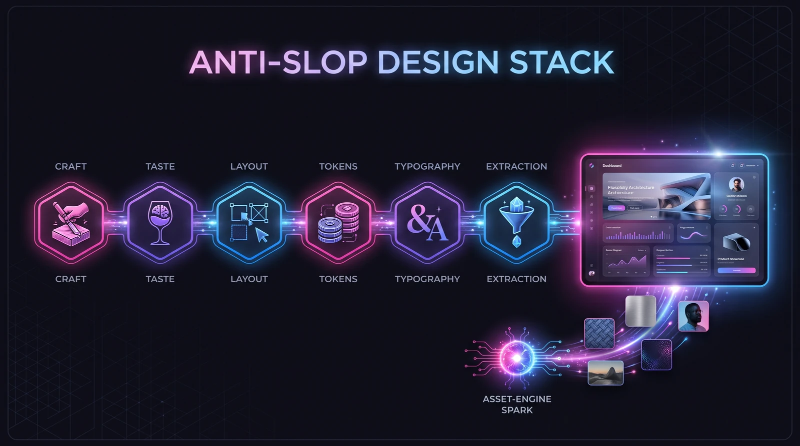 The anti-slop design stack pipeline feeding a finished UI