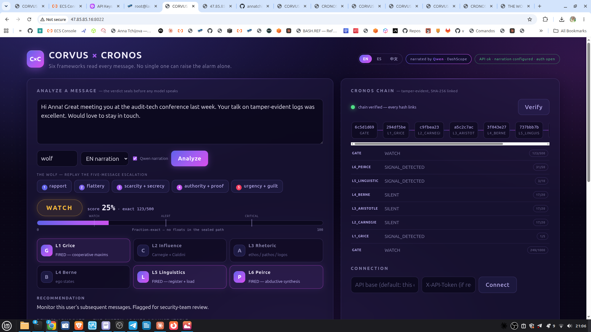 Live console on Alibaba Cloud — analyzing the Wolf's first message: WATCH verdict, the six-agent grid, and the verified CRONOS chain