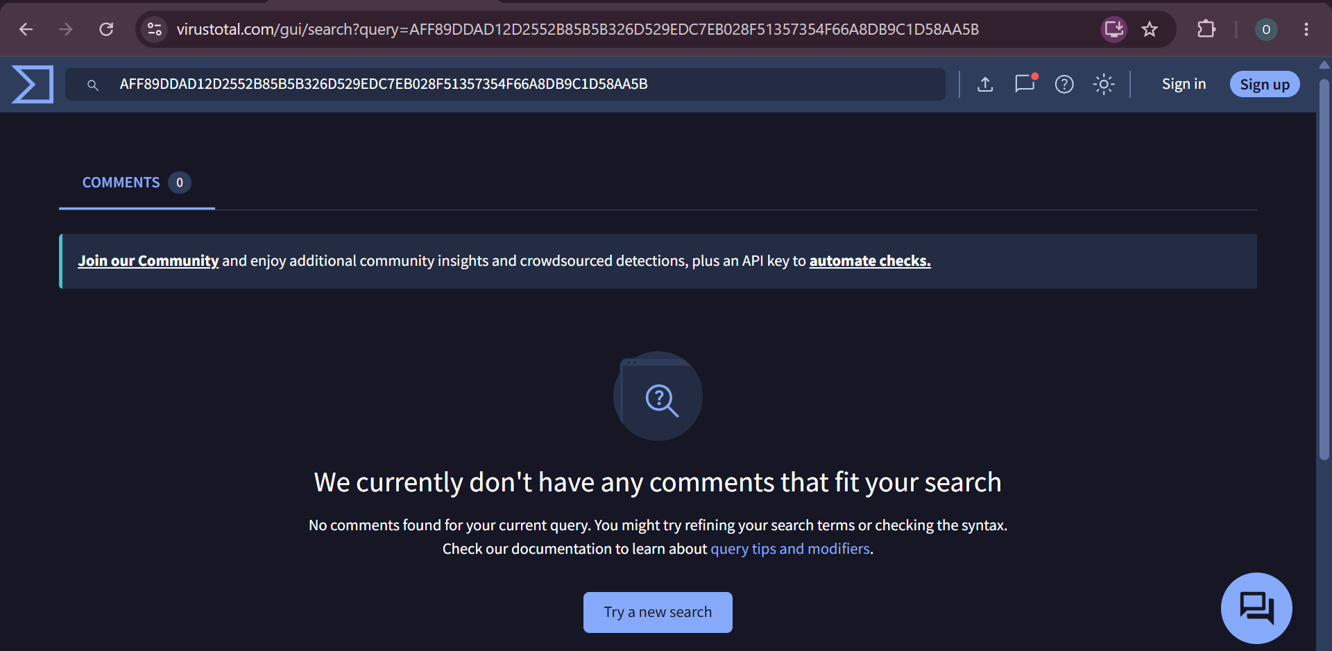 VirusTotal 未知文件搜索结果