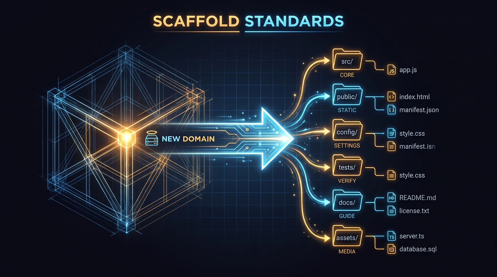 Scaffold standards — a new domain materializes the exact file tree