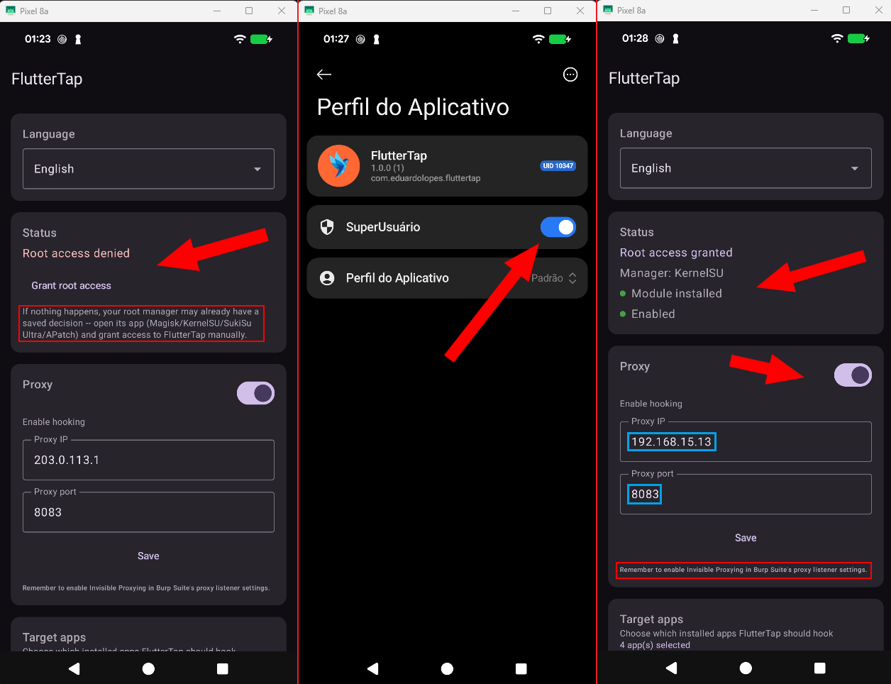 Root denied, manual grant in SukiSu Ultra, and the app configured