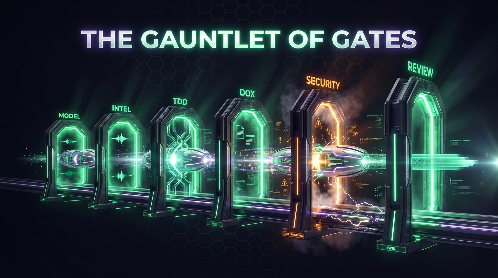 A code change passing through a gauntlet of gates: model, intel, TDD, dox, security, review