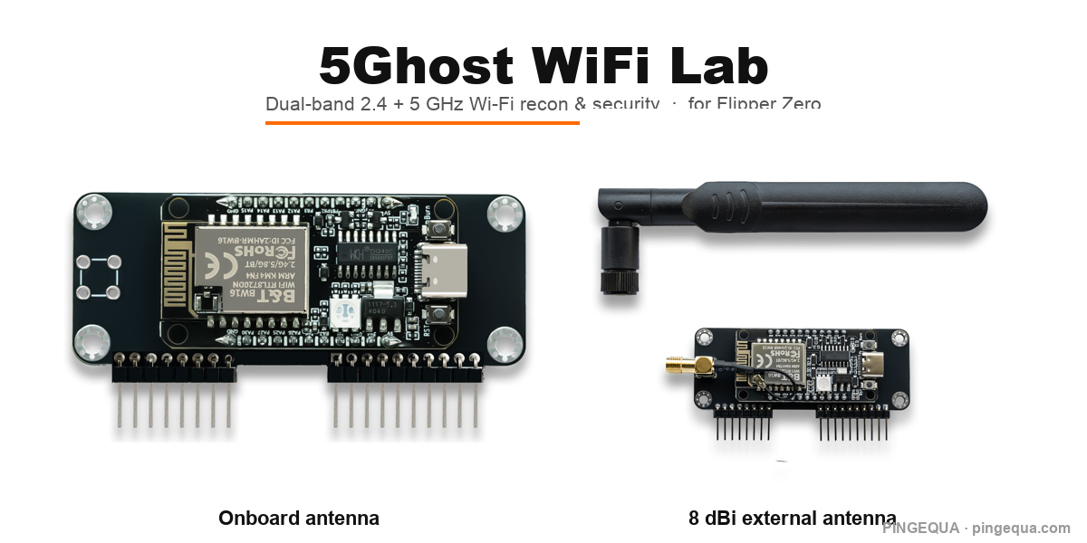 5Ghost WiFi Lab — onboard-antenna and 8 dBi external-antenna versions of the PINGEQUA Flipper Zero dual-band WiFi board