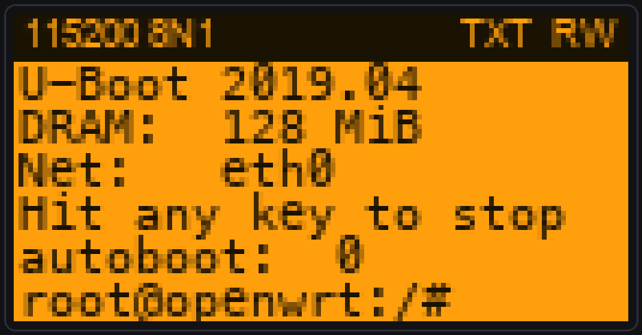 The console attached to a U-Boot prompt at 115200 8N1