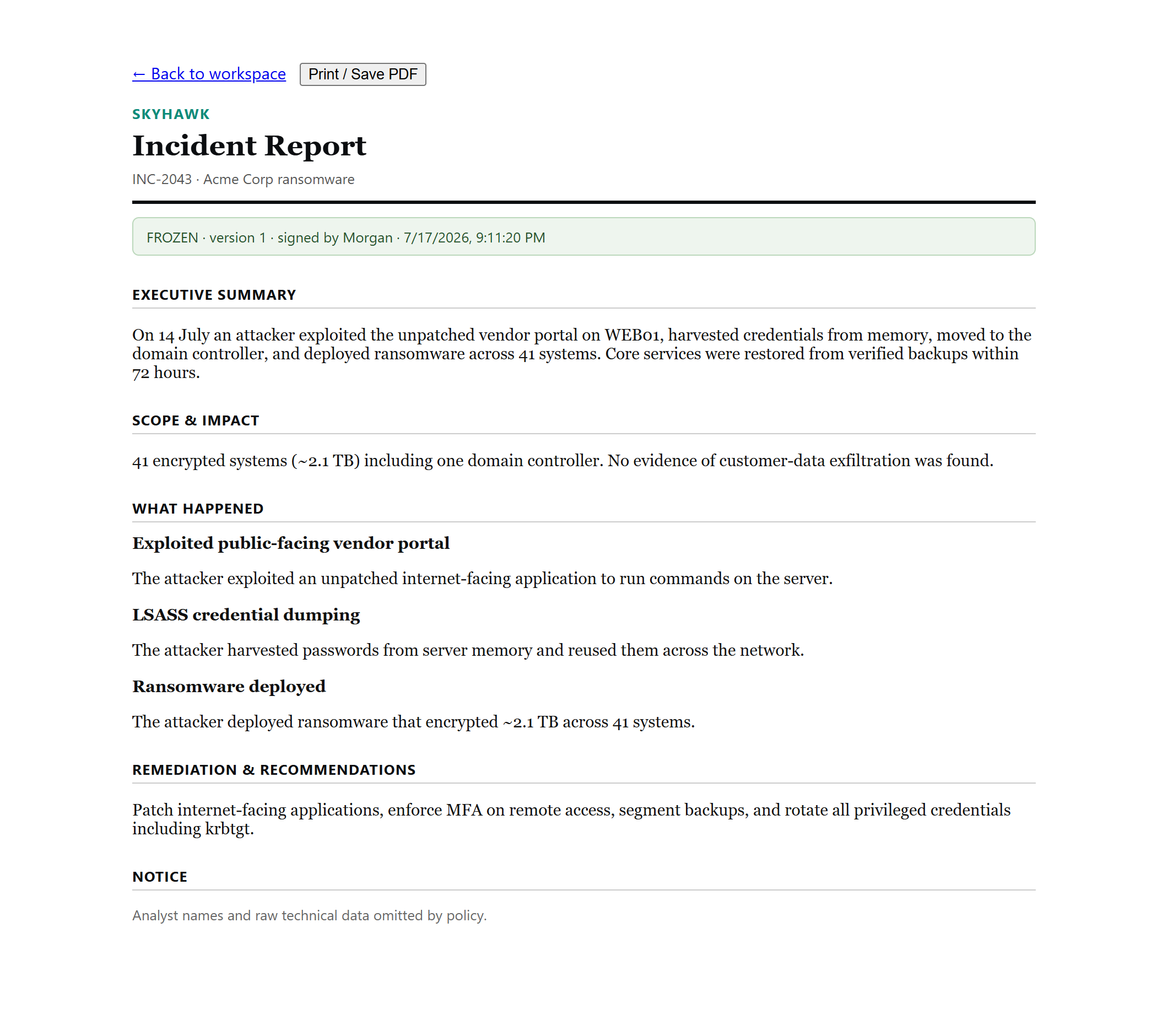 Frozen, signed formal report