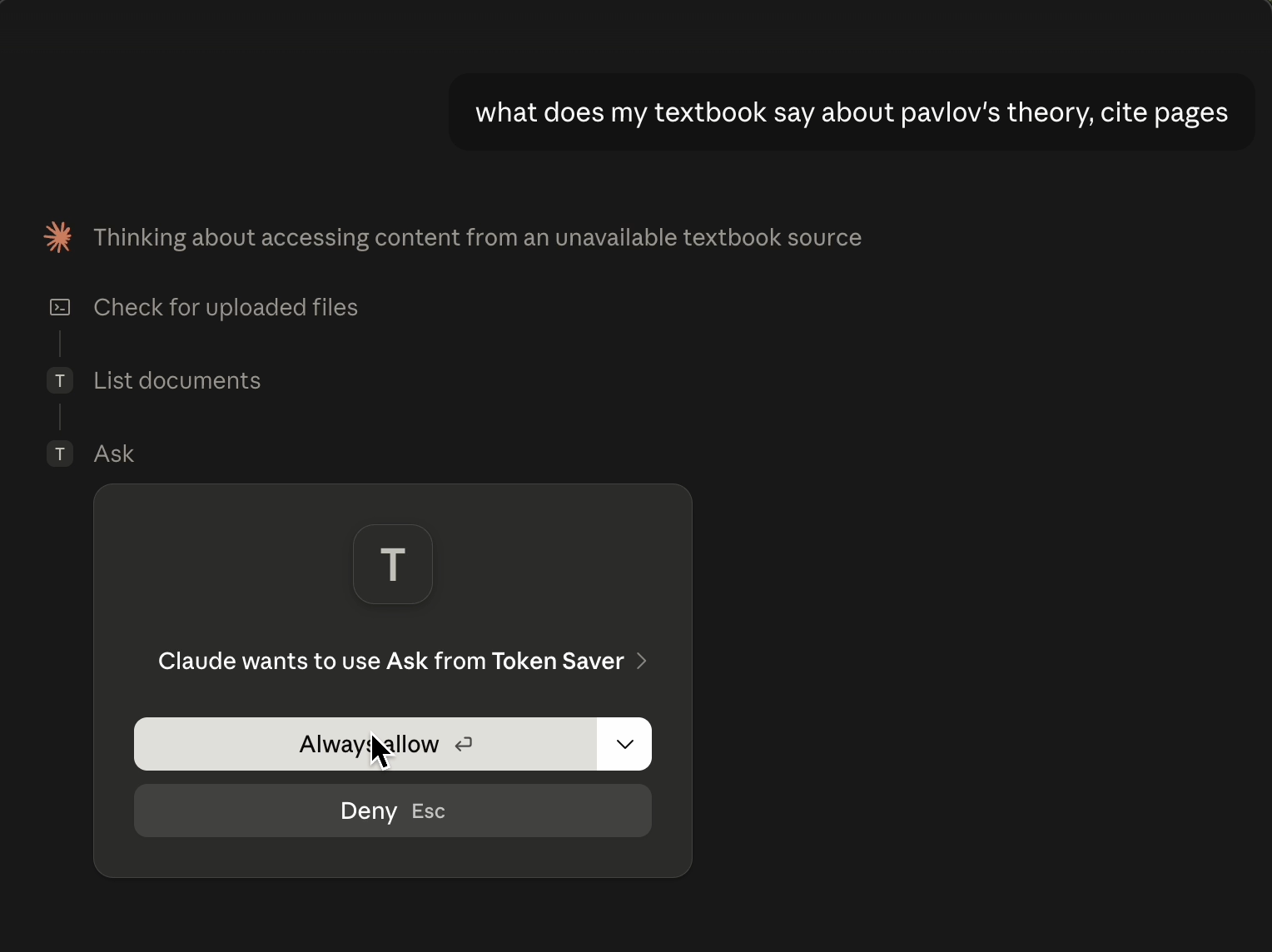 Claude asking permission to use Ask from Token Saver, with an Always allow button