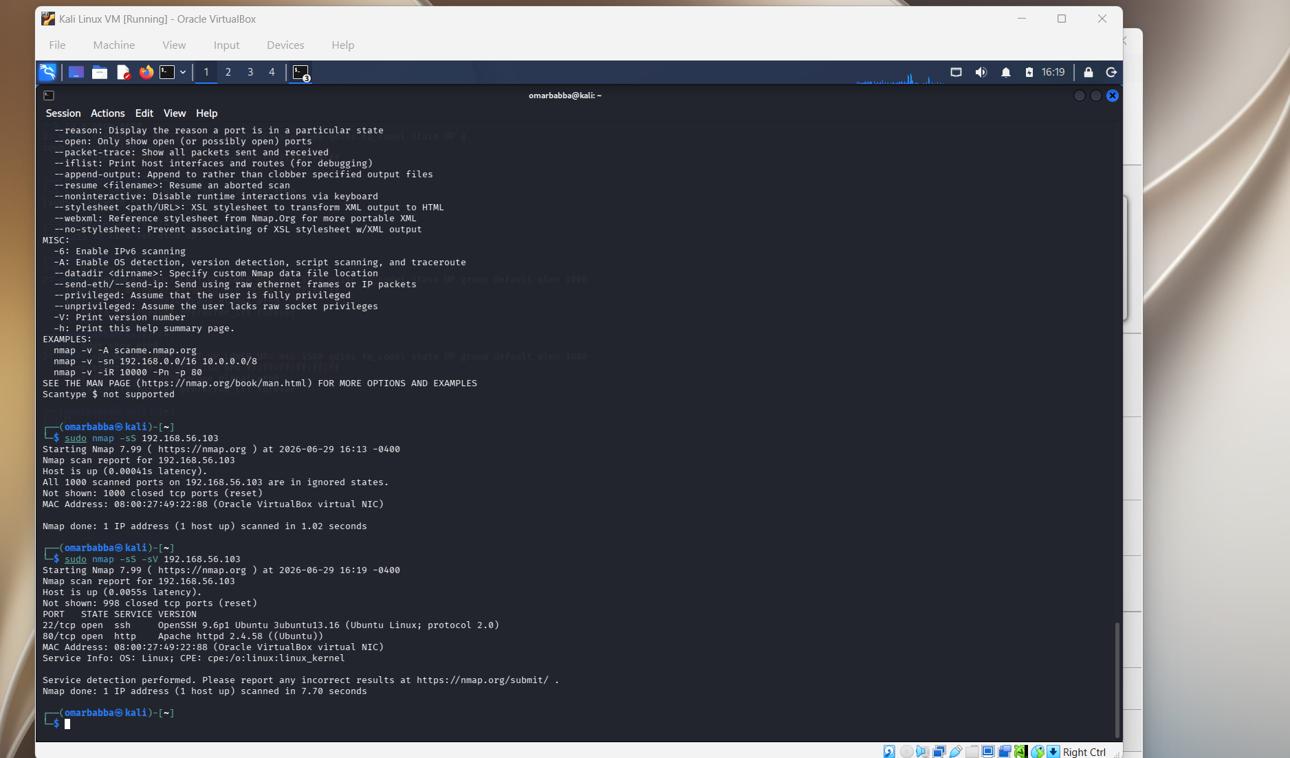 Nmap -sS -sV 扫描 — 192.168.56.103 上的端口 22 (OpenSSH) 和 80 (Apache) 处于开放状态
