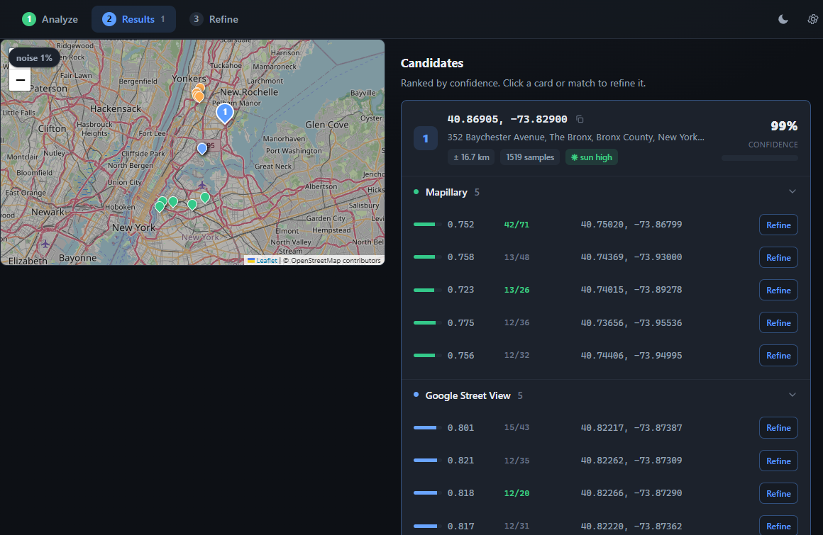 Waypoint results view: a candidate on an interactive map with ranked street-level matches