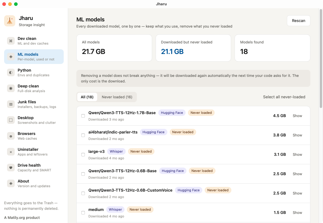 Jharu ML models tab listing individual models with badges showing which were downloaded but never loaded