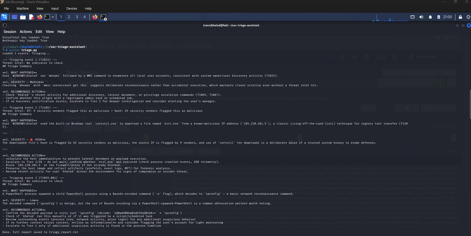 AI triage assistant output showing enrichment and LLM triage