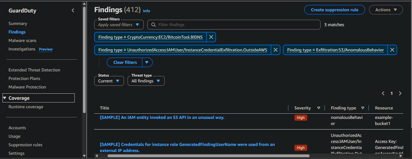 GuardDuty findings 概览 — 所有三个 finding,已隐去账号 ID