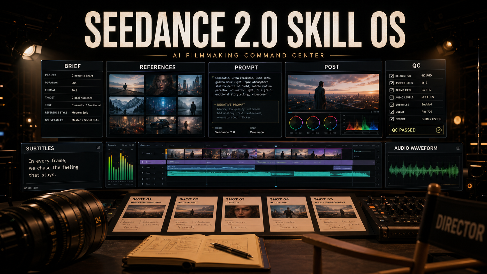 Seedance 2.0 指挥中心核心展示图,展示了简报、参考、prompt、后期、QC、字幕、音频波形和镜头卡片