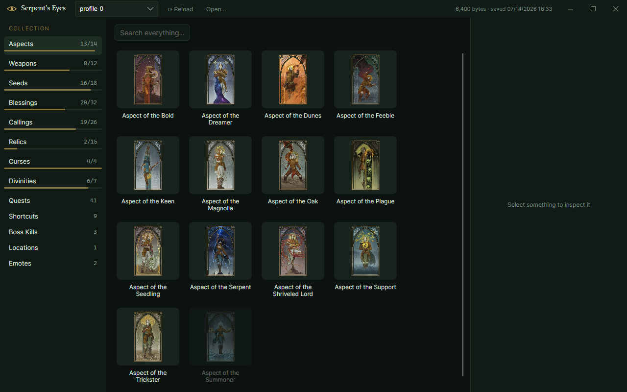 The collection browser, showing unlocked Aspects with the game's own card art and a locked one greyed out