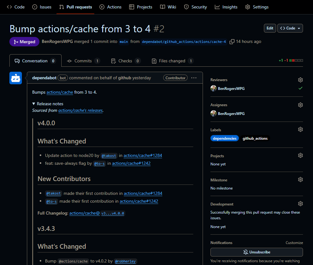 本项目运行示例截图,展示了通知将 actions/cache 从版本 3 更新到 4 时自动创建的 Pull Request