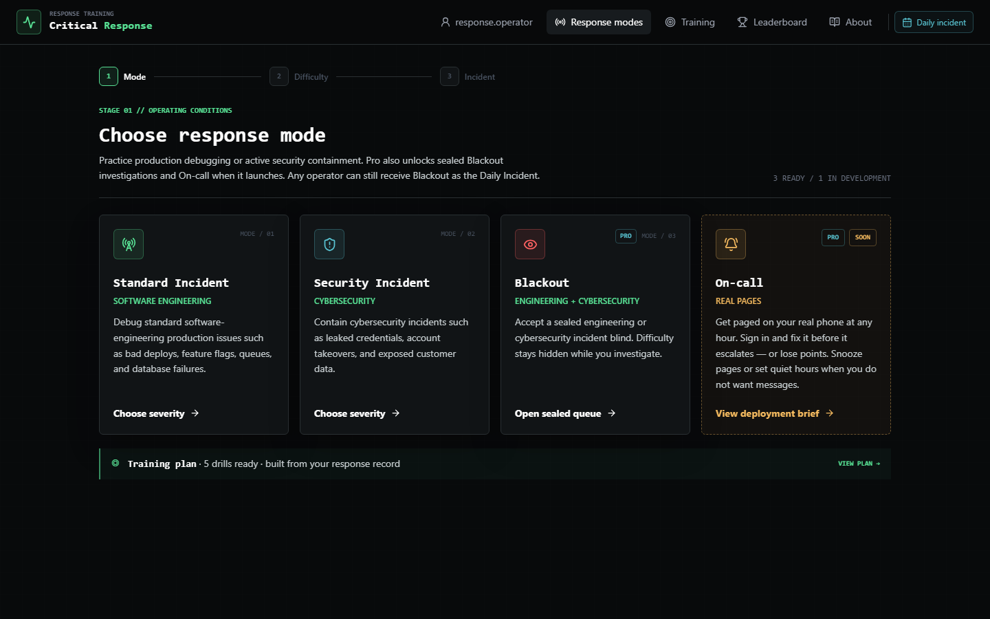 Standard, Security, Blackout, and On-call response modes