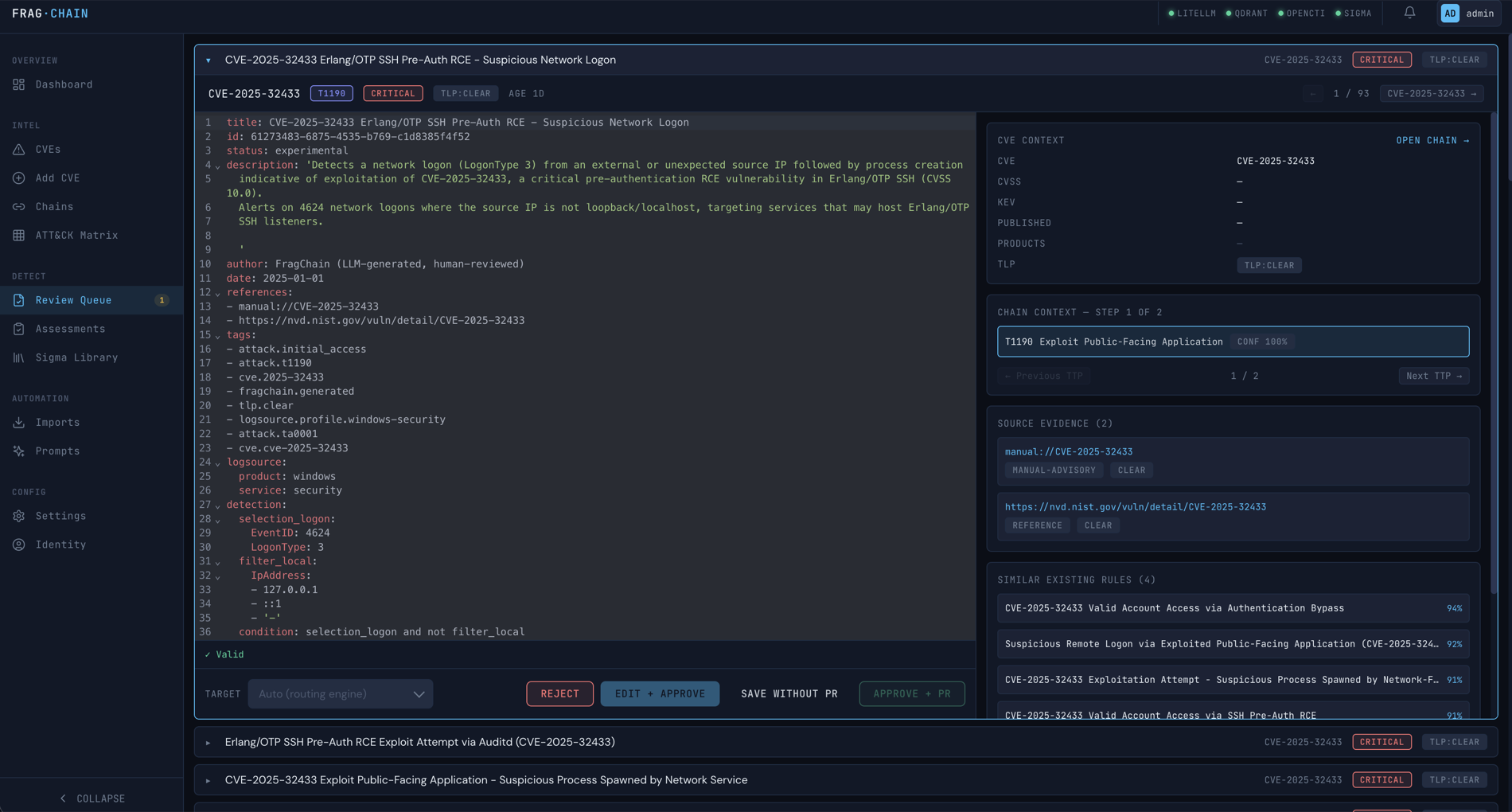 Rule editor — full Sigma YAML with technique tags, references, and TLP
