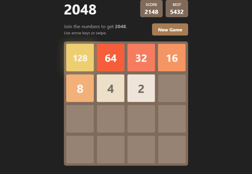 A playable seeded 2048 game rendered by ChatHTML