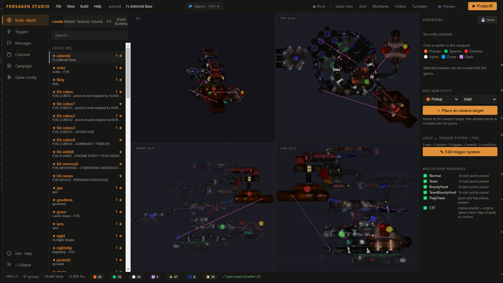 Forsaken Studio: level open in the quad-view editor