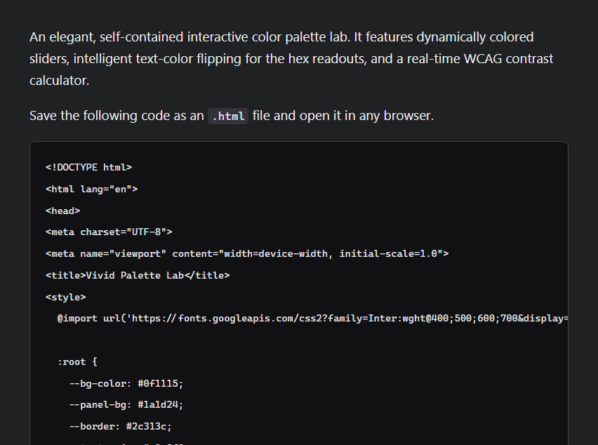 A Markdown-only response containing a complete accessibility color lab implementation