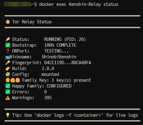 Relay status tool output for a running Tor exit relay