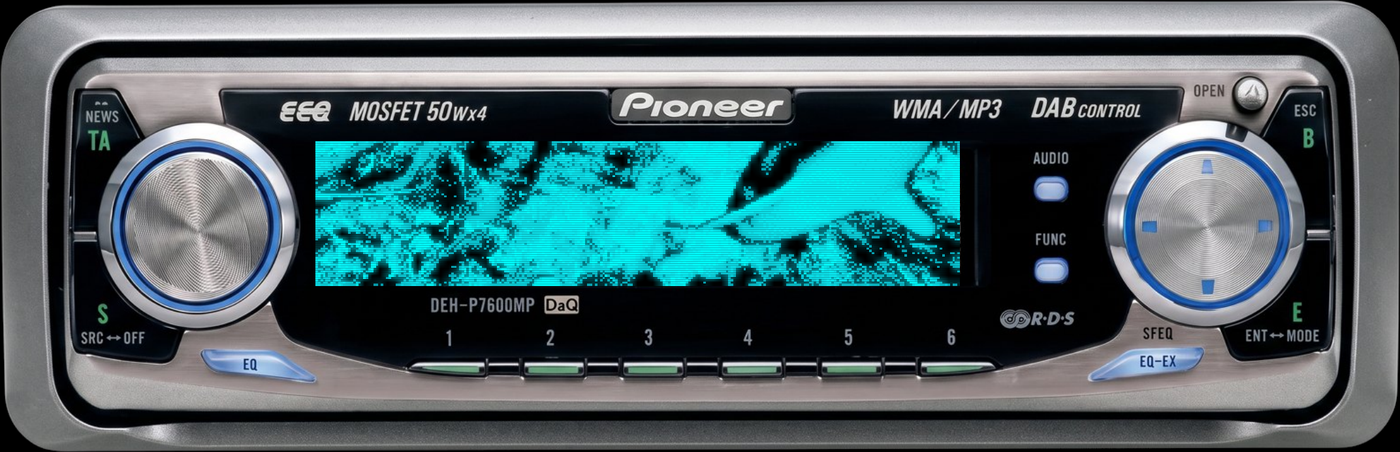 The Linux desktop app: the same Pioneer faceplate floating as a transparent window, playing a dolphin animation