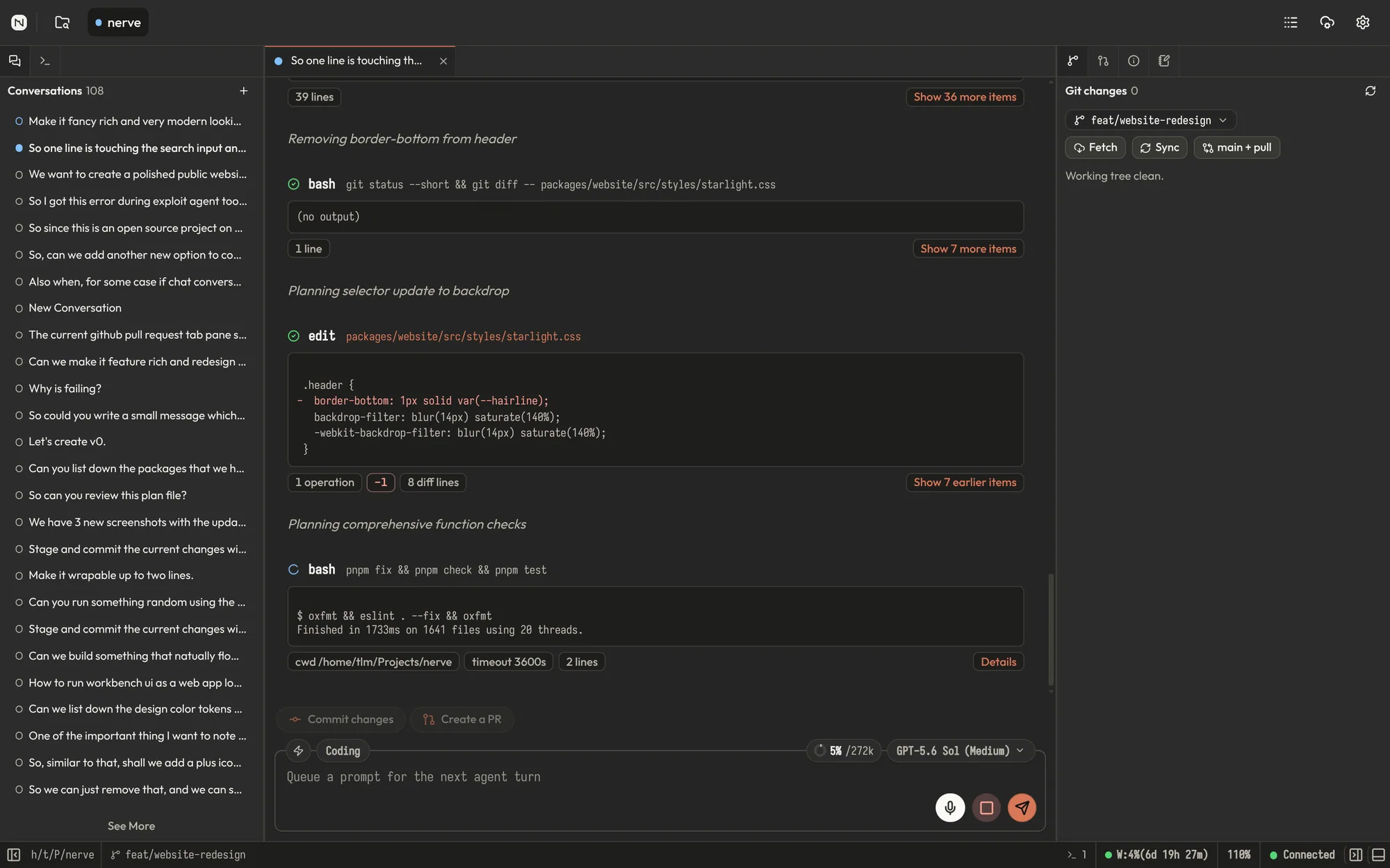 Nerve 桌面 workbench 展示了 coding 对话、tool 活动以及 Git 更改