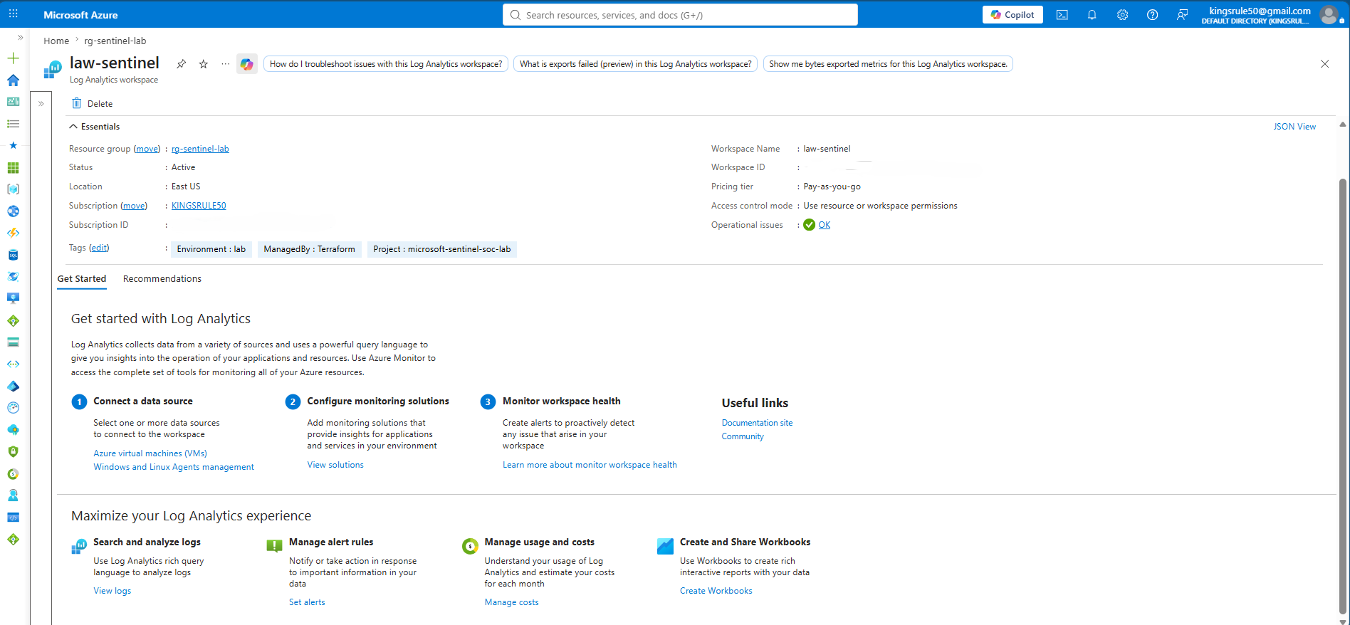 Azure Portal view of the Log Analytics Workspace