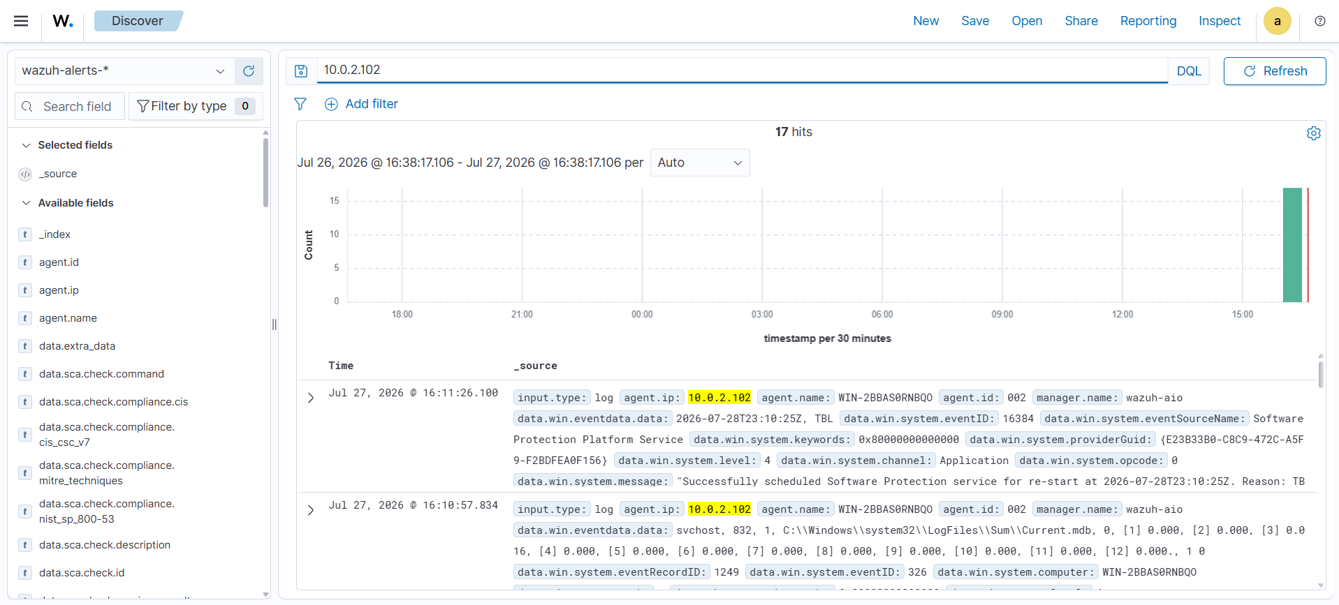 Wazuh Discover Filtered by 10.0.2.102