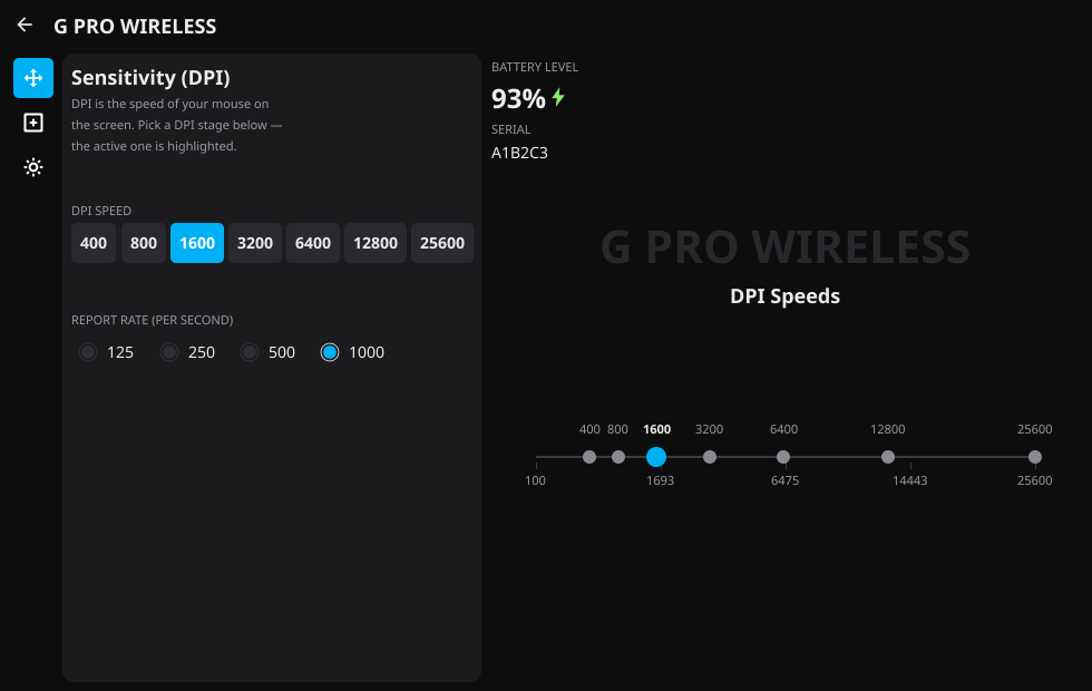针对 G Pro Wireless 的 LogiTux 设备页面:面板中有一行 DPI 阶段预设和回报率,并在展示区用一条 DPI Speeds 轨迹标出每个阶段