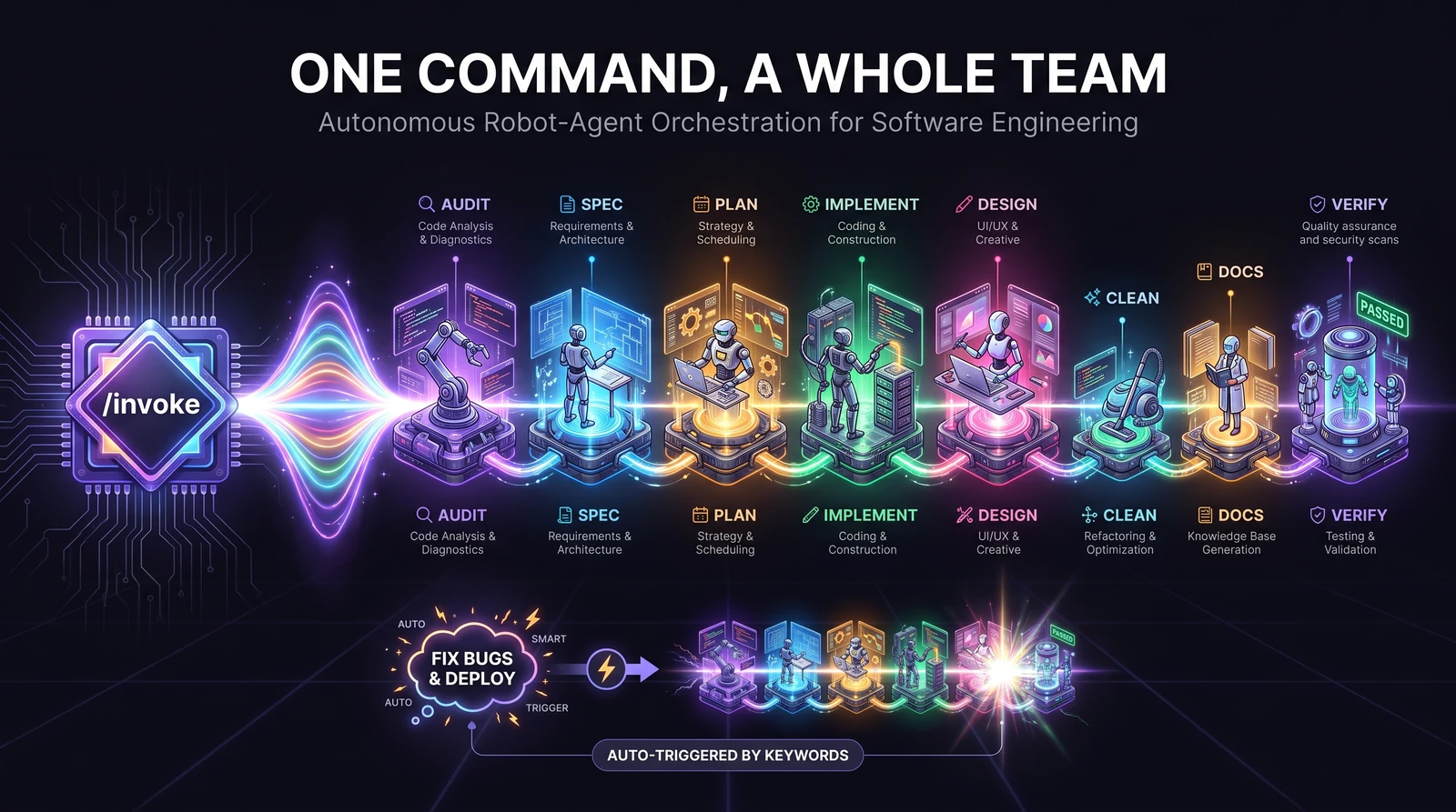 One /invoke command igniting a chain of specialist agents — audit, spec, plan, implement, design, clean, docs, verify — also auto-triggered by keywords